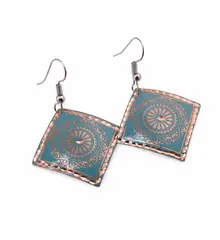 Cercei din cupru patrati, model mandala soare bleu