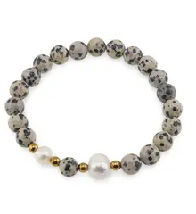Bratara pe elastic Perle de cultura, bumbi aurii si Jasp dalmatian sfere 8mm