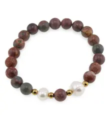 Bratara pe elastic Perle de cultura, bumbi aurii si Jasp oceanic sfere 8mm