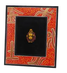 Tablou cu rama din lemn Buddha vesel, 28cm x 24cm