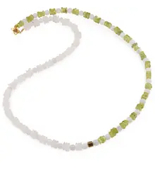 Colier Peridot si Cuart roz patratele 5mm, Piatra lunii sfere 4mm si Hematit auriu