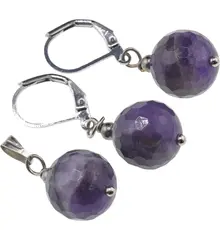 Set cercei si pandantiv Ametist sfere fatetate, 12mm