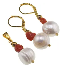 Set cercei si pandantiv Perle de cultura sfere neuniforme 10-15mm si Coral rosu 5-7mm