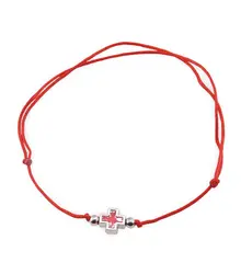 Bratara reglabila pe snur cu element central cruce rosie si bumbi argintii