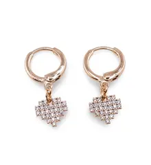 Cercei din cupru placat cu aur rose 18k, inima incrustata cu zirconii