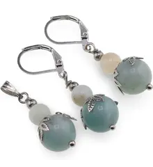 Set cercei si pandantiv Amazonit sfere si flori argintii, 6-10mm