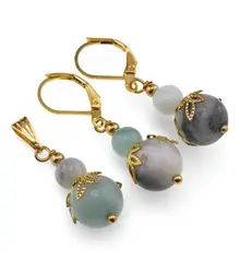 Set cercei si pandantiv Amazonit sfere si flori aurii, 6-10mm