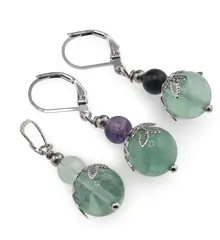 Set cercei si pandantiv Fluorit sfere si flori argintii, 6-10mm