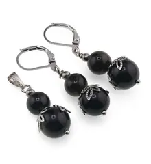 Set cercei si pandantiv Obsidian auriu sfere si flori argintii, 8-10mm