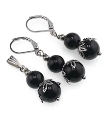 Set cercei si pandantiv Obsidian sfere si flori argintii, 8-10mm