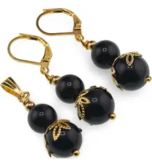 Set cercei si pandantiv Obsidian sfere si flori aurii, 8-10mm