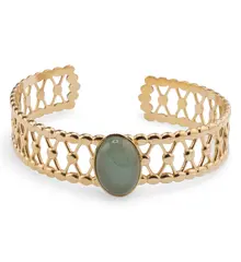 Bratara lata din metal auriu, model zale interconectate cu cristal natural Aventurin