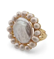 Inel reglabil cu perle de cultura model floare, auriu