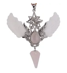 Pandantiv angelic cu Merkaba, Pendul din Cuart roz si Aripi Sidef, 10cm