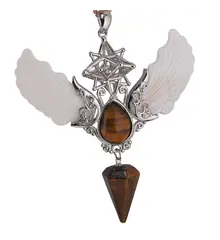 Pandantiv angelic cu Merkaba, Pendul din Ochi de tigru si Aripi Sidef, 10cm