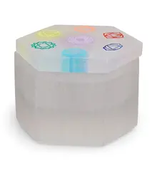 Cutie hexagonala gravata cu cele sapte chakre din Selenit, 7cm