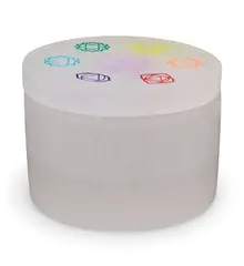 Cutie rotunda gravata cu cele sapte chakre din Selenit, 8cm