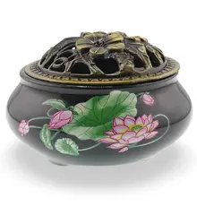 Suport ardere din ceramica negru cu model lotus imprimat, 10cm