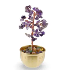 Copac cu cristale naturale de Ametist in bol metalic cu simboluri feng shui - 17cm