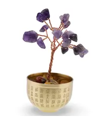 Copac cu cristale naturale de Ametist in bol metalic cu simboluri feng shui - 9cm