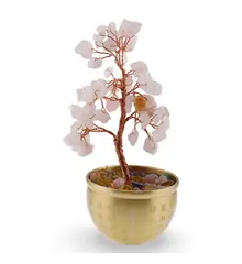 Copac cu cristale naturale de Cuart roz in bol metalic cu simboluri feng shui - 17cm