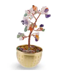 Copac cu Mix de cristale naturale in bol metalic cu simboluri feng shui - 17cm