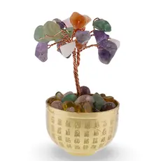 Copac cu Mix de cristale naturale in bol metalic cu simboluri feng shui - 9cm
