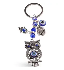 Breloc feng shui cu Bufnita, simbolul Hamsa si ochi protectori - 12cm