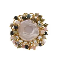 Inel reglabil cu perla de cultura rotunda si Turmalina multicolora, auriu