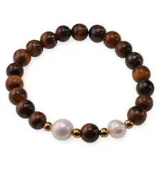 Bratara pe elastic Perle de cultura, bumbi aurii si Ochi de tigru sfere 8mm