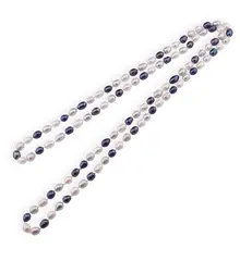 Colier Perle de cultura albe, gri si albastre cu noduri, 120cm
