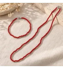Set bratara si colier Coral rosu sfere 3mm – imagine de prezentare în context
