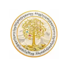Abtibild sticker Feng Shui cu copacul prosperitatii, monede chinezesti, pepite, mantre si cele 8 simboluri tibetane - 5cm