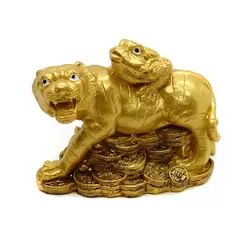 Statueta Feng Shui Tigru auriu cu Broasca raioasa - 10cm