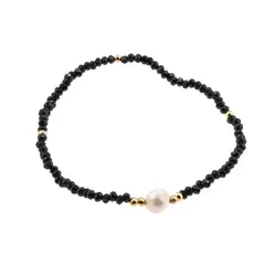 Bratara cu perla de cultura si cristale fatetate din sticla - negru, 19cm