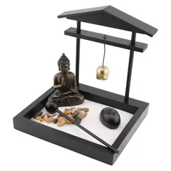 Decoratiune Gradina Zen in miniatura, Suport cu clopot si Buddha, betisoare parfumate si accesorii
