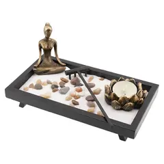 Decoratiune Gradina Zen in miniatura, Suport dreptunghiular cu statueta in mediatie, lumanare, betisoare parfumate si accesorii