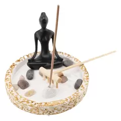 Decoratiune Gradina Zen in miniatura, Suport rotund cu statueta in mediatie, suport betisoare parfumate si accesorii
