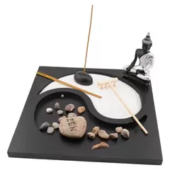 Decoratiune Gradina Zen in miniatura, Suport Yin Yang, Buddha si accesorii, model 1