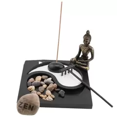 Decoratiune Gradina Zen in miniatura, Suport Yin Yang, Buddha si accesorii, model 2