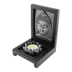 Decoratiune Suport ardere lumanari parfumate, cu floare de lotus si chipul lui Buddha, argintiu