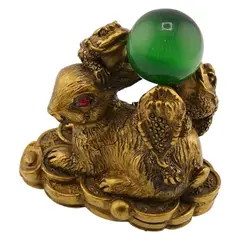 Statueta Feng Shui din rasina cu Iepure cu Broaste Raioase pe monede si pepite, 6cm
