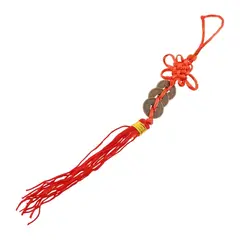 Amuleta Feng Shui cu 3 monede si nod mistic rosu