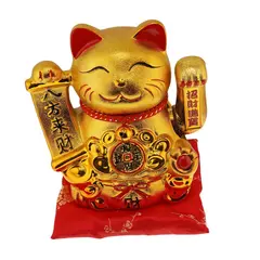 Pisica norocoasa Maneki Neko aurie cu wu lou si moneda pe perna - 16cm