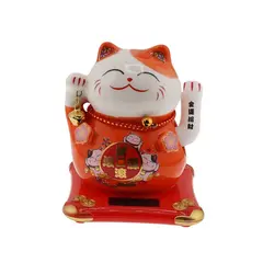 Pisica norocoasa Maneki Neko rosie pe suport solar, 10cm