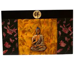 Tablou canva cu lotus si Buddha sculptat in lemn, 48cm x 30cm