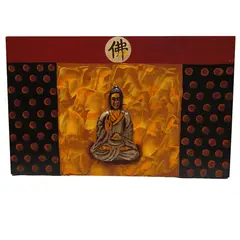 Tablou canva cu buline si Buddha sculptat in lemn, 48cm x 30cm