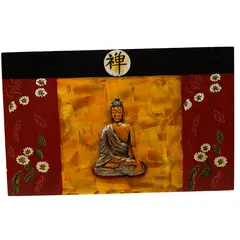 Tablou canva cu flori si Buddha sculptat in lemn, 48cm x 30cm