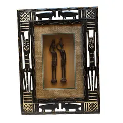Tablou cu rama din lemn sculptat si siluete arta africana, 40cm x 30cm