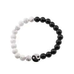 Bratara Howlit, Onix sfere si Sidef banut Yin Yang pe elastic, 8mm